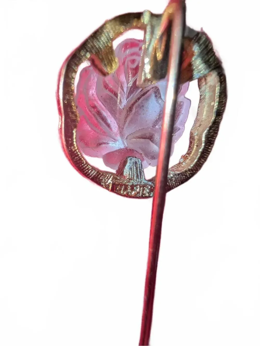 Vintage Gold Tone Floral Stick Pin Brooch with Frosted Glass Accent